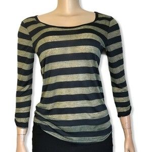 Y2K W.F. Sheer Striped Top Scoop Neck Long sleeves Green Black burnout size S